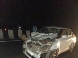 नेवरगांव फोरलेन पर सड़क हादसा, कार भैंसों से टकराई,बरघाट लौट रहा परिवार बाल-बाल बचा, तीन भैंसें घायल