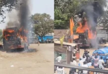 नरसिंहपुर में बस स्टैंड पर आग का तांडव, धू-धू कर जली बस; धुएं के गुबार से मची अफरा-तफरी